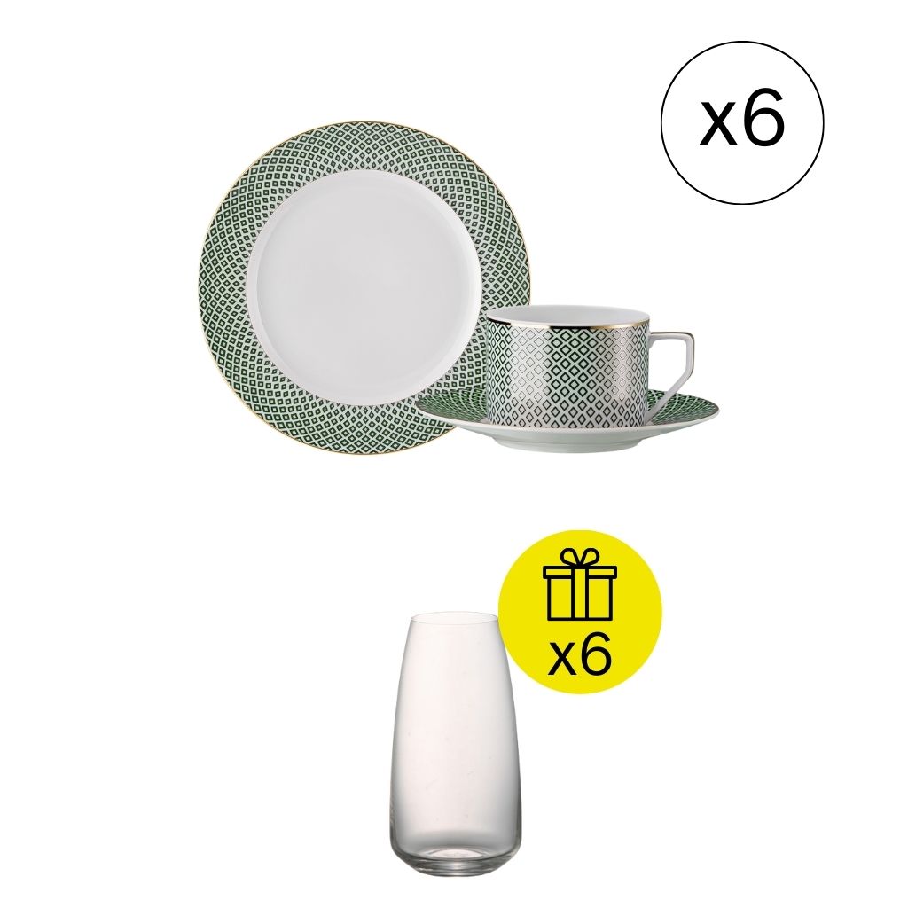 Rosenthal Frances Carreau Vert Premium Frühstücks-Set für 6, 18-tlg. Geschirr-Set mit Geschenk
