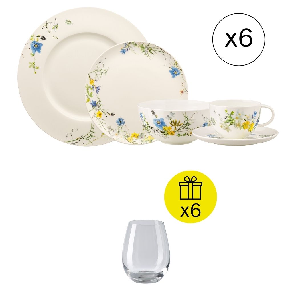 Rosenthal Brillance Bone China Fleurs des Alpes Traditionelles Frühstücks-Set für 6, 30-tlg. Geschirr-Set mit Geschenk